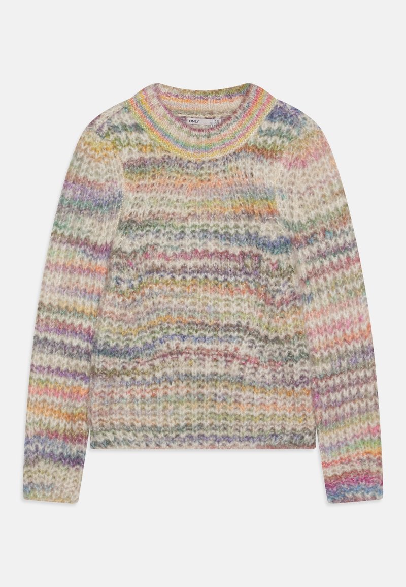 Pull en maille à manches longues aux teintes pastel douces en arc-en-ciel, avec une texture duveteuse et un col rond côtelé.
