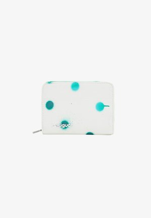 Geldbörse aus weißem Material mit Teal-Farbklecksdesign, mit Reißverschluss und dem in Silber geprägten "Desigual"-Logo.