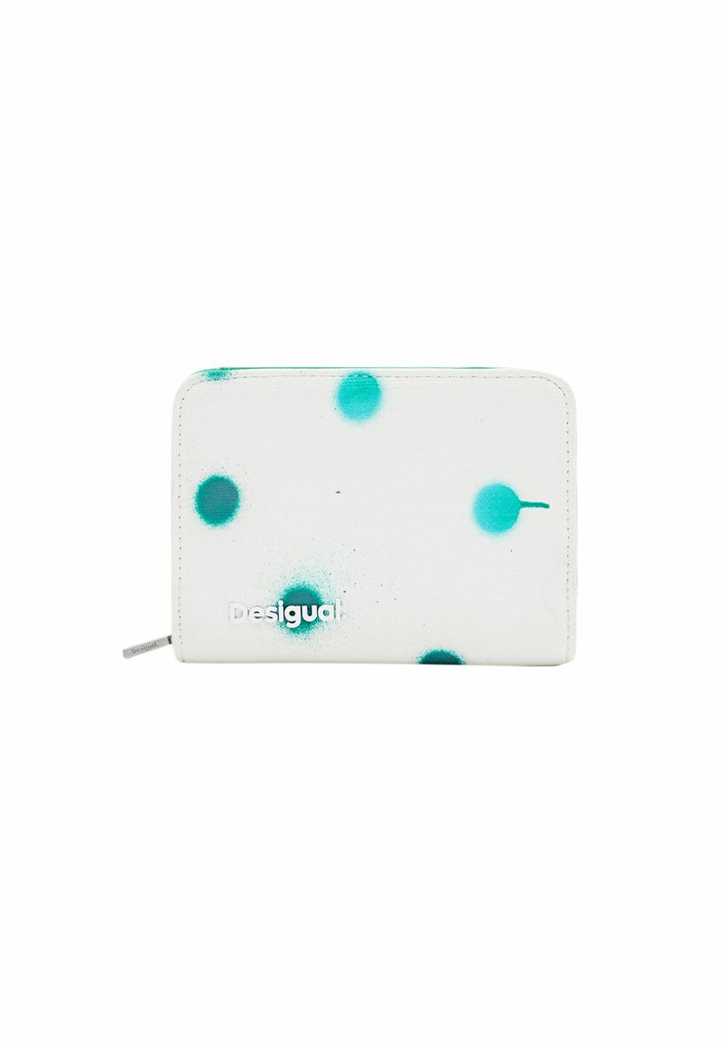 Geldbörse aus weißem Material mit Teal-Farbklecksdesign, mit Reißverschluss und dem in Silber geprägten "Desigual"-Logo.