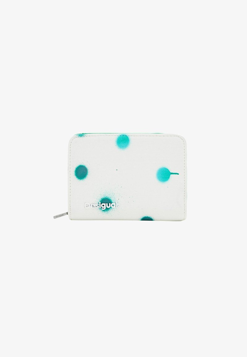 Geldbörse aus weißem Material mit Teal-Farbklecksdesign, mit Reißverschluss und dem in Silber geprägten "Desigual"-Logo.