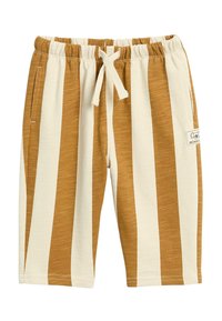 Bruin en crèmekleurige gestreepte shorts met een elastische tailleband, aantrekkoord, zijzakken en een klein merketiket aan de zijkant.