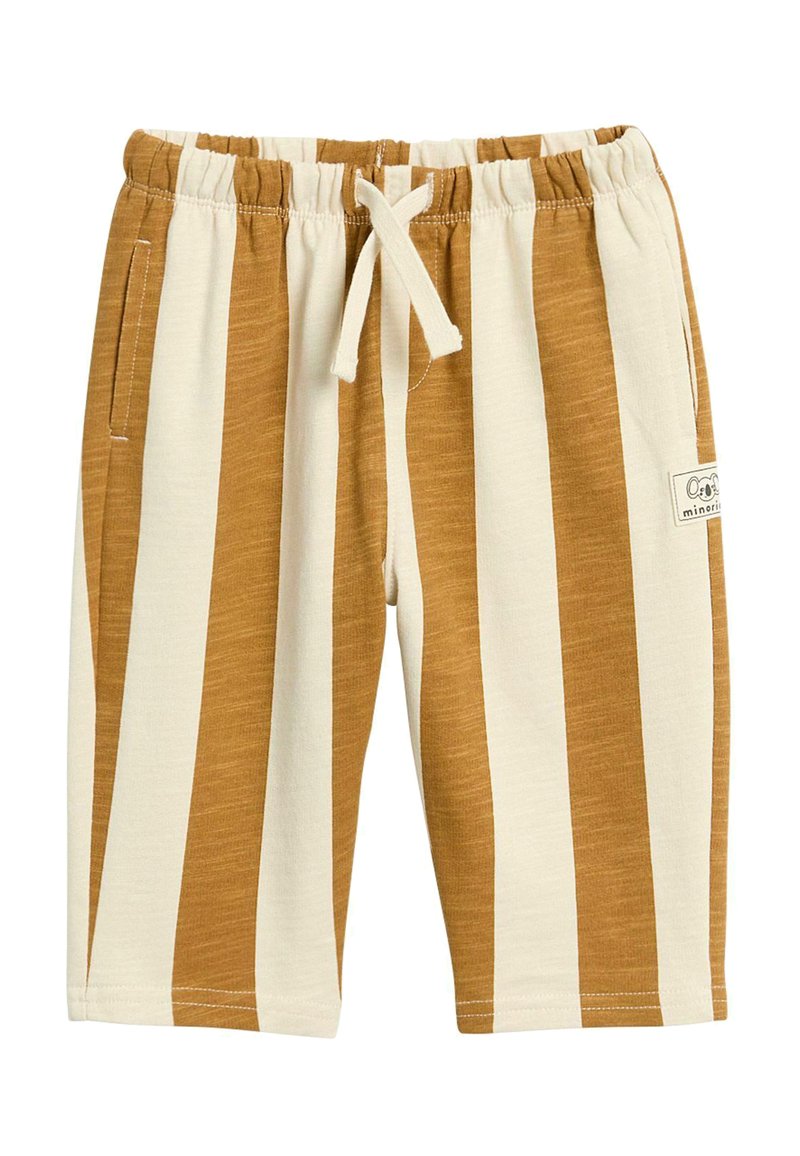Bruin en crèmekleurige gestreepte shorts met een elastische tailleband, aantrekkoord, zijzakken en een klein merketiket aan de zijkant.