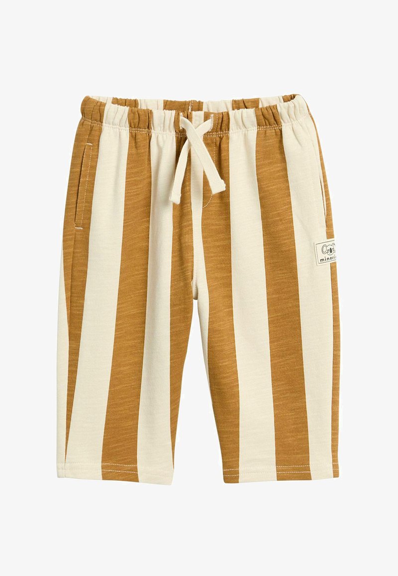 Brązowe i kremowe spodenki w paski z elastycznym pasem, sznurkiem do regulacji, bocznymi kieszeniami oraz małą metką marki z boku.