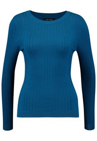 Pull bleu côtelé avec un col rond et des manches longues, confectionné dans un matériau doux et extensible. Les détails incluent une silhouette ajustée.