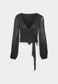 Svart, glittrande wrap-top med långa, puffade ärmar och v-ringning. Har ett knytbälte i midjan och ett slätt, strukturerat tyg.