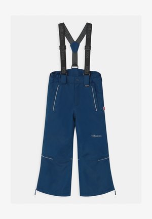 Wasserdichte blaue Skihosen mit verstellbaren schwarzen Trägern, seitlichen Taschen, reflektierenden Akzenten und einer lässigen Passform für maximale Bewegungsfreiheit.