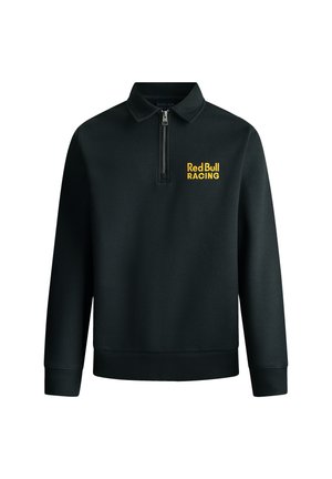 Zwarte trui met halve rits en kraag, voorzien van het "Red Bull RACING" logo in het geel op de linkerkant van de borst, geribbelde manchetten en onderrand.