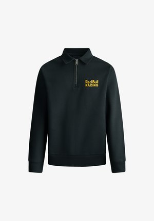 Sudadera negra de cuello con media cremallera, con el logo "Red Bull RACING" en amarillo en el lado izquierdo del pecho, puños y dobladillo acanalados.