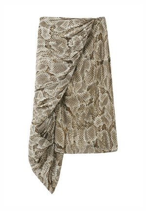 Falda asimétrica de estampado de serpiente en beige y marrón, con un panel delantero drapeado y un dobladillo a la altura de la rodilla.