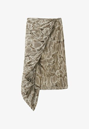 Falda asimétrica de estampado de serpiente en beige y marrón, con un panel delantero drapeado y un dobladillo a la altura de la rodilla.