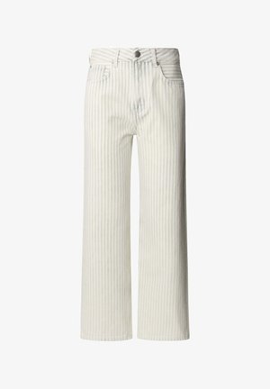 Light-colored wide-leg pants with vertical stripes, made of cotton fabric. Features a buttoned waistband and belt loops.