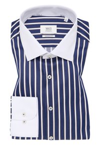 Camicia a maniche lunghe a righe con strisce verticali blu navy, bianche e beige. Colletto e polsini bianchi con chiusura a bottone, vestibilità slim moderna.