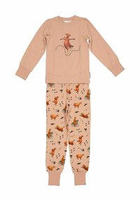 Barnkläders pyjamas i persikofärg med lång ärm för barn, prydda med en dansande ko och ett upprepande lekfullt mönster av ko och fågel på byxorna.