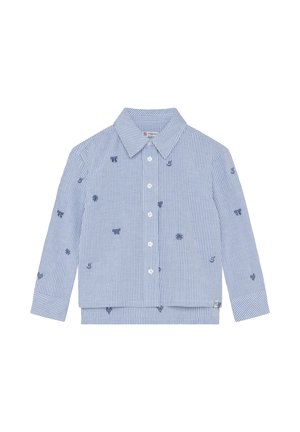 Blauw-wit gestreept overhemd met lange mouwen en kraag, knopen aan de voorkant, en kleine donkerblauwe geborduurde strikjes en bloemen verspreid over de stof.