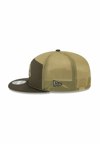 Olive green baseball cap with mesh fabric on the sides, a flat brim, and a sewn logo patch on the front and side.