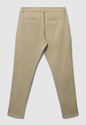 Pantaloni in cotone beige con una trama liscia, dotati di due tasche posteriori e un design a gamba dritta.