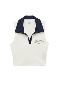 Mouwloze witte polo met een marineblauwe kraag en de tekst "GEZONDHEID IS DE NIEUWE RICHT" gedrukt op de rechter voorkant.