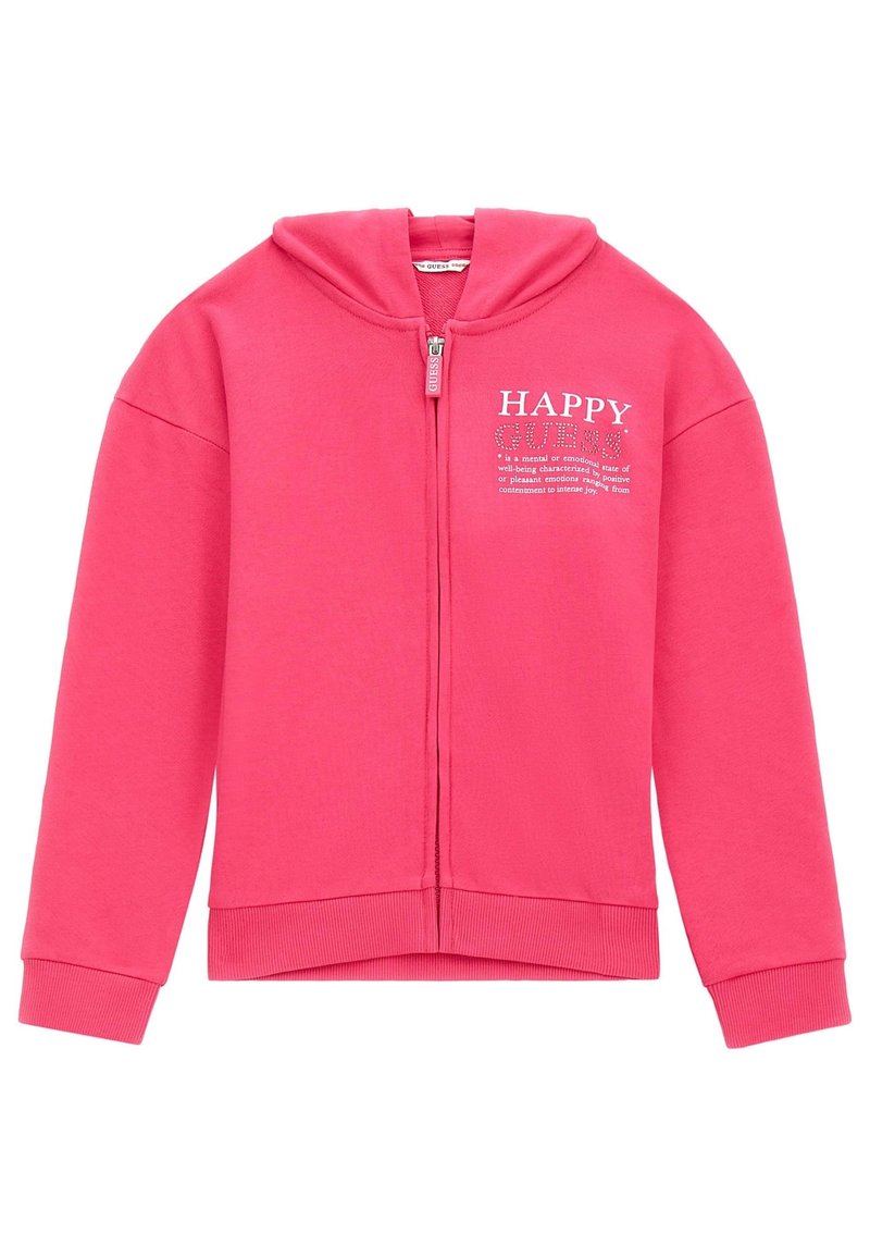 Sudadera rosa con cremallera y capucha, que presenta un gráfico frontal que dice "HAPPY GUESS". Está hecha de una tela suave con puños y dobladillo acanalados.