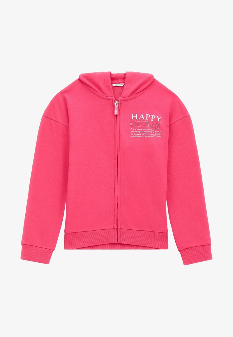 Sudadera rosa con cremallera y capucha, que presenta un gráfico frontal que dice "HAPPY GUESS". Está hecha de una tela suave con puños y dobladillo acanalados.