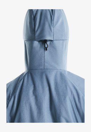 Veste bleu clair avec une capuche, présentant une texture lisse, un subtil éclat et un cordon de serrage à l'arrière pour un ajustement.