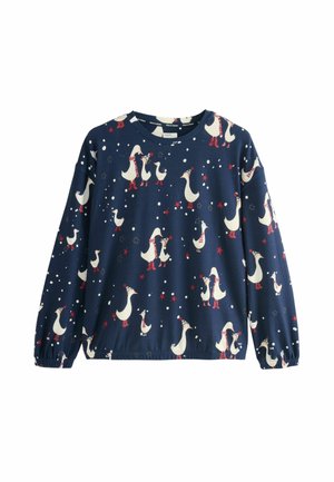 Navy sweatshirt with long sleeves featuring white ducks, red scarves, and snowflakes in a playful pattern. Elasticated cuffs and hem.
