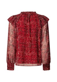 Blusa rossa a fantasia con maniche lunghe trasparenti, polsini arricciati e scollatura arricciata. Presenta un elegante motivo floreale e un tessuto leggero.