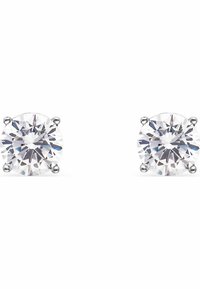 Runda, klara cubic zirconia-studörhängen i silver. Fyrapunktsinfattning framhäver den fantastiska glansen och klarheten. En enkel och elegant design.