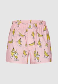 Rosa Boxershorts mit einem wiederholenden Cartoon-Druck von Bananen. Elastischer Bund und weicher Stoff. Mit verspielten Designs von Bananen in verschiedenen Posen.