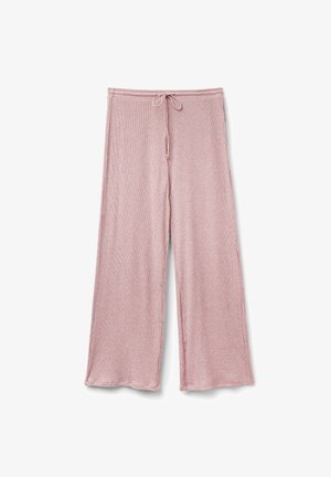Ljusrosa vida byxor gjorda av ribbat tyg, med resårmidja och snörning samt en avslappnad passform.