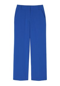 Niebieskie spodnie o szerokich nogawkach wykonane z gładkiej tkaniny, z bocznymi kieszeniami i dopasowanym paskiem w talii dla strukturalnego wyglądu.