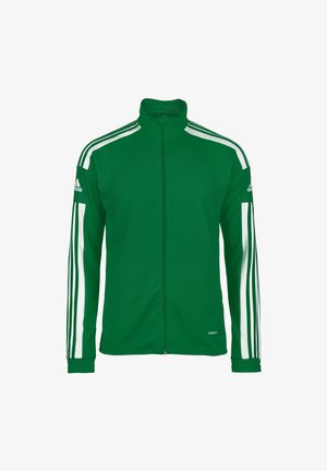 Green zip-up jacket made of smooth fabric, featuring white stripes along the sleeves and a stand-up collar. Adidas logo on the shoulder.