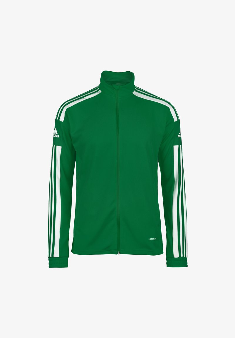 Groene zip-up jas van soepel materiaal, met witte strepen langs de mouwen en een opstaande kraag. Adidas-logo op de schouder.