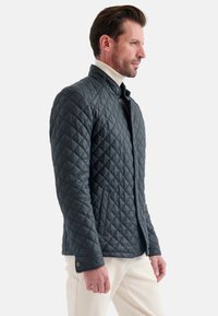 Gequilted grijze jas met een opstaande kraag, voorzien van diagonale stiksels, zijzakken en drukknoopaccenten. Glad, gestructureerd materiaal.