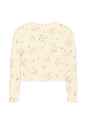 Maglione a maniche lunghe color crema con piccolo motivo floreale rosa, viola e giallo e orlo e polsini a coste.