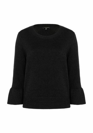 Schwarzer Strickpullover mit rundem Ausschnitt, dreiviertellangen Glockenärmeln und geripptem Saum. Weiche Textur mit klassischem Schnitt.