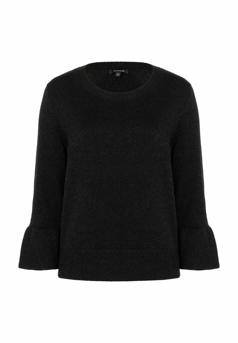Schwarzer Strickpullover mit rundem Ausschnitt, dreiviertellangen Glockenärmeln und geripptem Saum. Weiche Textur mit klassischem Schnitt.