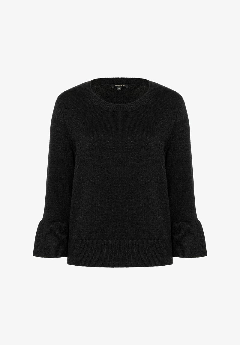 Black knitted sweater featuring a round neckline, three-quarter bell sleeves, and ribbed hem. Soft texture with a classic cut.