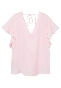 Blusa rosa chiaro con maniche a sbuffo, scollo a V, delicata coste verticali e chiusura posteriore con fiocco.