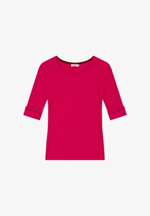 Fuchsia geribd topje met een ronde halslijn en ellebooglange mouwen, voorzien van omgevouwen manchetten en een gladde textuur.