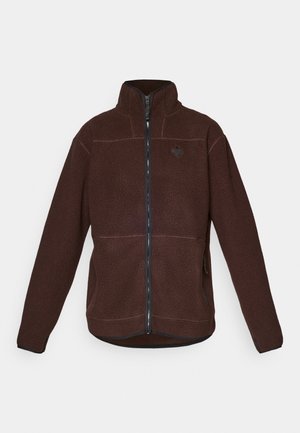 Brown fleece jacket with a high collar, full front zipper, and zippered side pockets. Features textured fabric and contrasting seams.