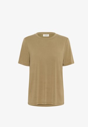 Khaki T-Shirt mit kurzen Ärmeln aus weichem Stoff, mit einem Rundhalsausschnitt und einer lockeren Passform, in sauberer Verarbeitung ohne zusätzliche Muster.