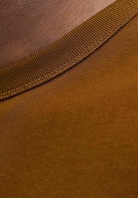 Tela de algodón marrón con cuello redondo acanalado. Vista en primer plano que muestra la suavidad de la textura y la costura uniforme a lo largo del escote.