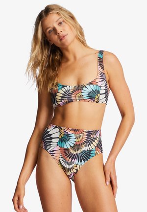 Bikini set featuring a square neckline and high-waisted bottom in multicolor shell pattern on a dark background, made from smooth fabric.