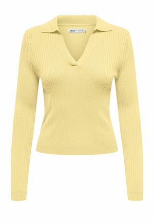 Pull jaune côtelé avec décolleté en V et design à col. Il possède des manches longues et une coupe ajustée. Texture douce avec une finition lisse.