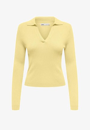 Pull jaune côtelé avec décolleté en V et design à col. Il possède des manches longues et une coupe ajustée. Texture douce avec une finition lisse.