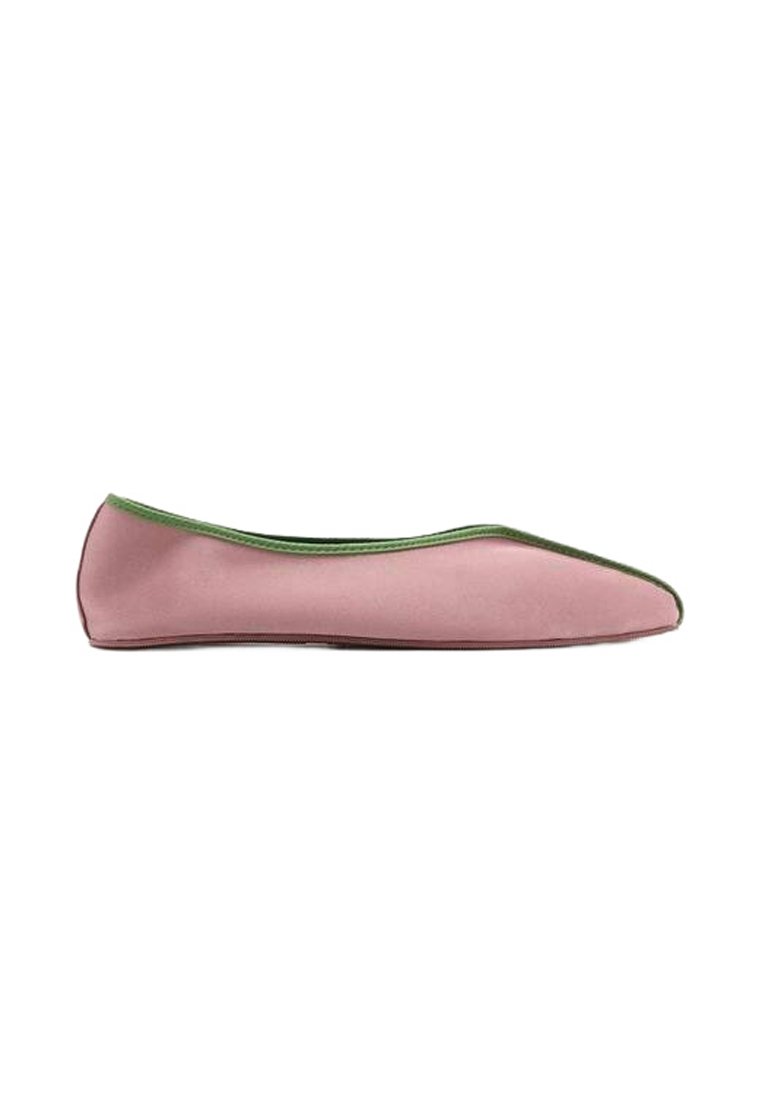 Soft pink ballet flat shoe with green trim along the opening, displayed against a white background, side view.