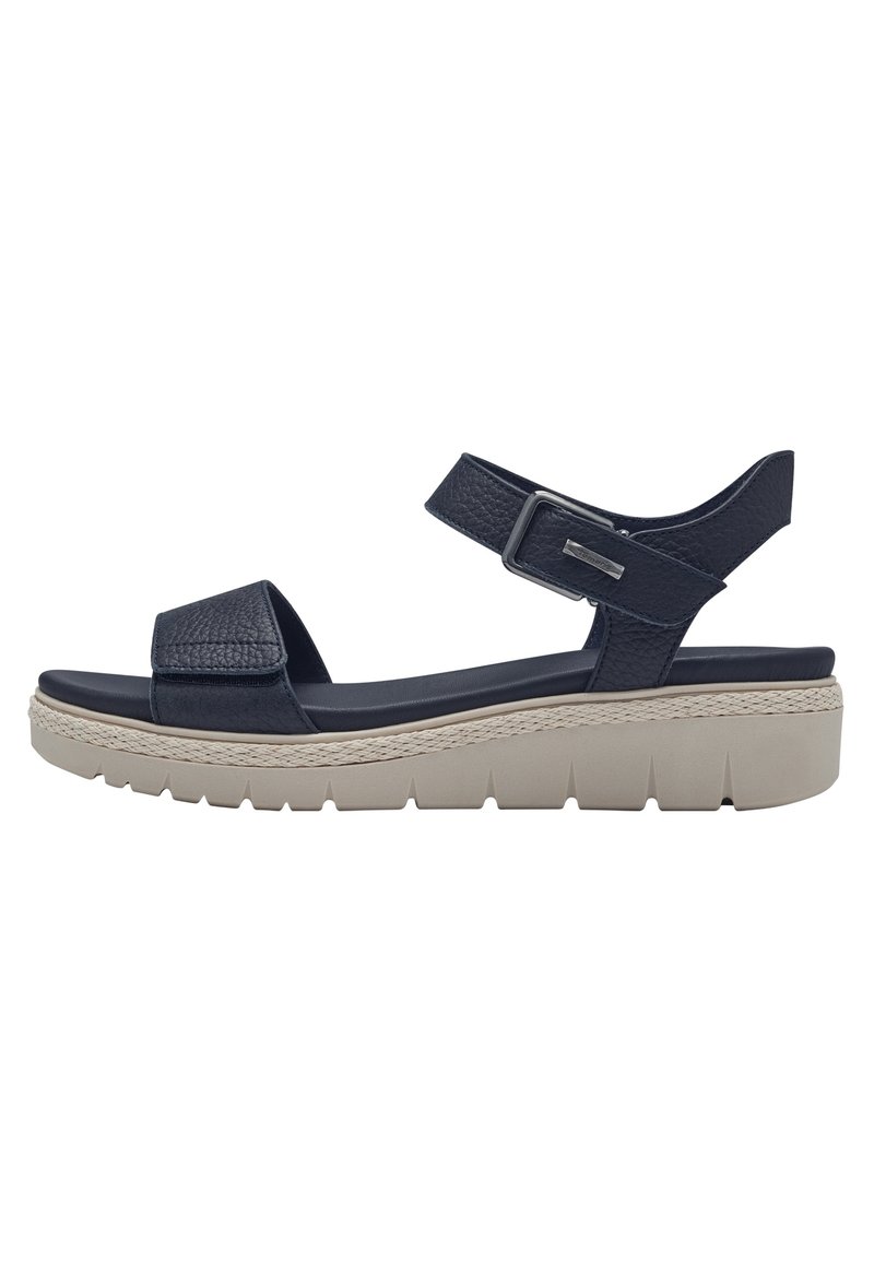 Sandalo da piattaforma navy con tomaie in pelle texture, una fascia larga, fibbia regolare e una suola chiara scanalata per una migliore aderenza.