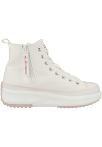 High-top canvas sneakers in white with pink accents, featuring a side zipper, lace-up front, and textured rubber outsole for grip.