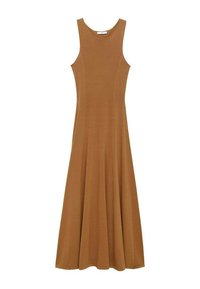 Vestido maxi sin mangas de color marrón, hecho de una tela suave, con un cuerpo ajustado y una falda acampanada. Diseño simple sin patrones ni acentos visibles.