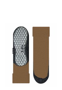 Brązowa skarpetka z teksturowanym, ciemnoszarym spodem w diamentowy wzór. Górna część gładka, wykończona dzianiną. Na metce rozmiar 41-42.